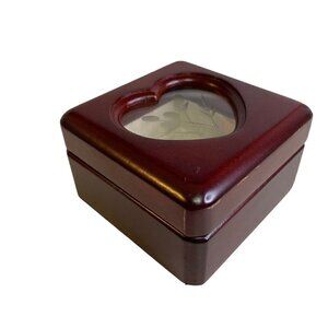 Wood Jewelry Trinket Box Heart Shape Etched Glass 3.5" x 3.5" x 2"